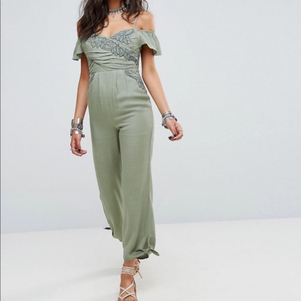 Free People Olive Green Off-Shoulder Jumpsuit with Embroidered Bodice
